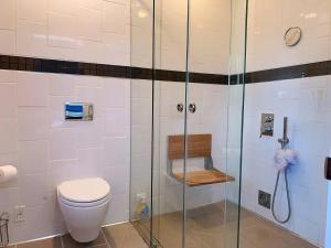 多伦多Nice rooms with private bath in Mid Town Toronto的一间带卫生间和玻璃淋浴间的浴室