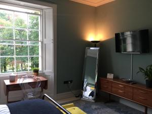 兰代洛Llwynhelig Manor的卧室设有壁挂式电视和镜子