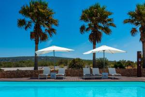 埃斯卡洛艾斯帕斯福门特拉农场酒店的一个带椅子和遮阳伞的游泳池以及棕榈树