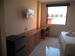 卡门城Hotel Del Viajero的一间卧室配有书桌、床和窗户。