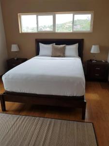 维约堡Emerald Vista Villa的一间卧室配有一张带2个床头柜的大型白色床