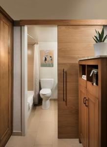 坦培Tempe Mission Palms, a Destination by Hyatt Hotel的一间带卫生间、水槽和门的浴室