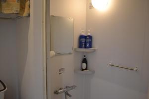 彦根市牧歌宾馆的一间带淋浴的浴室,墙上装有两瓶