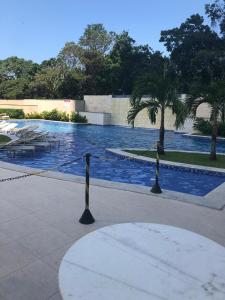 萨尔瓦多Apartamento Luxo Le Parc的一座拥有蓝色海水和棕榈树的大型游泳池