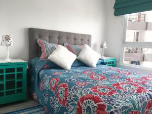 圣地亚哥Depto Metro Cal y Canto的一间卧室配有一张带蓝色和红色毯子的床