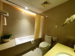 胡志明市Saigon Hotel Dong Du的浴室配有卫生间、盥洗盆和浴缸。