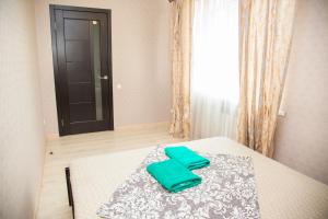 扎波罗热2Rooms Luxury Apartment on Gagarina near Intourist Hotel的一间卧室配有一张带绿毛巾的床