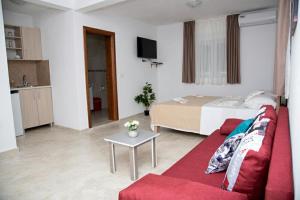 威尔帕扎Apartments Nino Skadar lake的客厅配有红色的沙发和床。