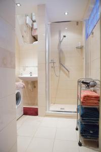 特拉凯Entire house in Trakai的设有带步入式淋浴间和盥洗盆的浴室
