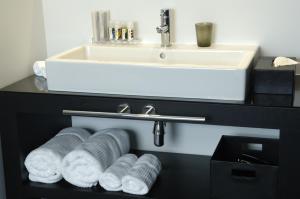 布鲁塞尔YOOMA Urban Lodge的浴室设有水槽和带毛巾的架子。