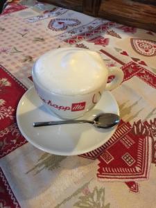 Piano dʼArtaAgriturismo Randis的一杯咖啡在带有汤匙的碟子上