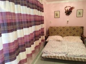豪伊杜索博斯洛Emmy Apartman的一间带床和窗帘的小卧室