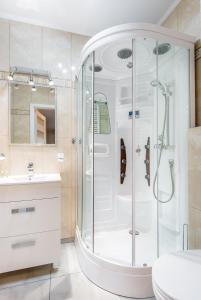 波兹南Super-Apartamenty Targi Poznańskie的带淋浴和盥洗盆的浴室