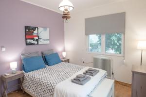 雅典经济实惠豪华花园公寓 的一间卧室配有一张带蓝色枕头的床。