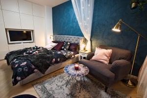 布拉格Romantic designer apartment Prague的一间卧室配有一张床、一张沙发和一台电视。