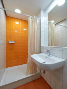 阿尔泽特河畔埃施埃施/阿尔吉特河青年旅舍的浴室设有水槽和橙色淋浴帘