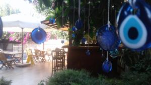 戈西克开贝尔戈西克酒店的庭院设有椅子和蓝色盆栽植物