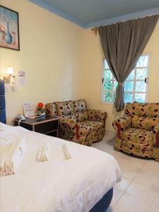 科罗萨尔Sunshine View Hotel and Restaurant的酒店客房设有床、沙发和窗户。