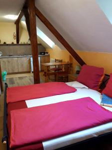 捷克克鲁姆洛夫贝拉维塔酒店的一间卧室配有两张红色床单
