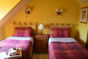 芬德霍恩Sunflower Bed & Breakfast的一间卧室配有两张床和一张带台灯的桌子