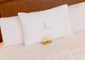 亚松森德尔巴拉圭格兰酒店的一组珠子坐在床上,有枕头