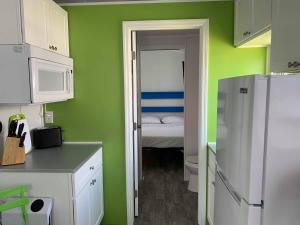 萨拉索塔Tiny House Siesta的一间设有绿色墙壁和白色冰箱的小厨房