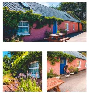 百利科内尔Wisteria Cottage的两张照片,一张有野餐桌和长凳的建筑