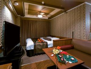鹿儿岛Kagoshima Coconuts Resort Marina (Love Hotel)的酒店客房配有床、沙发和电视。