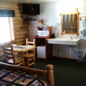 ThayneWolf Den Log Cabin Motel and RV Park的厨房配有水槽和带微波炉的桌子