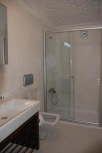 锡诺普丹尼斯酒店的带淋浴、卫生间和盥洗盆的浴室