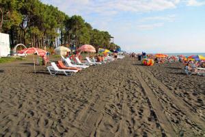 乌雷基Жемчужина Уреки的海滩上的一组椅子和遮阳伞