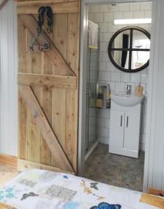 拉斯姆兰McHugh's Loft的一间带木门和水槽的浴室