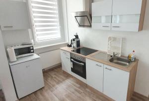 特里贝格H-Apartment 2的小厨房配有白色橱柜和水槽