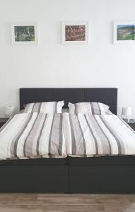 特里贝格H-Apartment 2的卧室内的一张带条纹棉被的床