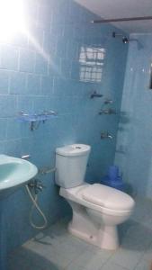 AguadaAlexmarie Guest house 5 min to candolim Beach的蓝色的浴室设有卫生间和水槽