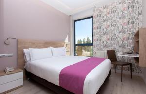 鲁韦纳Hotel Ciudad de Burgos的一间设有大床和窗户的酒店客房