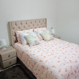 穆罕默迪耶Studio bord de mer Miramar的一间卧室配有一张带枕头的大床