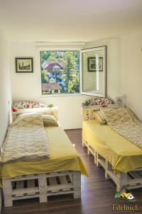 Gornja TrepčaGuesthouse Edelnice的带窗户的客房内的两张床