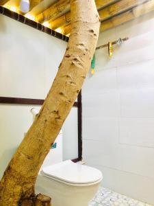 金兰Thanh Nhi Homestay的一间房间厕所旁的树干