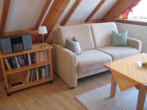 蒂蒂湖-新城Haus Anja的带沙发和书架的客厅