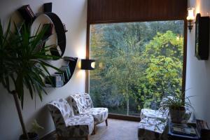 San SalvadorAlesga Hotel Rural - Valles del Oso -Asturias的客厅配有两把椅子和大窗户