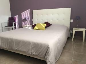 艾居厄河畔卡马勒La Maison de Caillette的卧室配有一张带黄色枕头的大型白色床。
