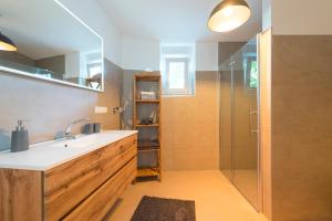 巴特奥塞Apartments Hoferhaus的一间带水槽和淋浴的浴室