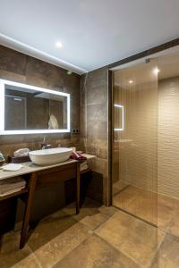 绍德艾格Hôtel & Restaurant Sodade的一间带水槽和淋浴的浴室