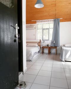 契拉勒Cirali Friends Pension&Camping的一间卧室设有两张床、一张桌子和一个窗口