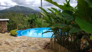 IcononzoEl Recreo Hogar Campesino的一座位于花园内的游泳池,花园内以群山为背景