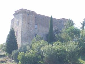 托迪Agriturismo Castello Di Belforte的前面有树木的大型砖砌建筑