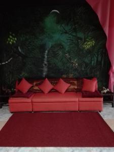 NabasToni Arts Villa的红色地毯上红色的沙发,上面有红色的枕头