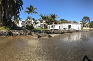 奥克兰The Boat House的一片拥有房屋和棕榈树的海滩