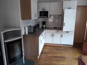 卡普伦Haus Koller的小厨房配有白色橱柜和壁炉